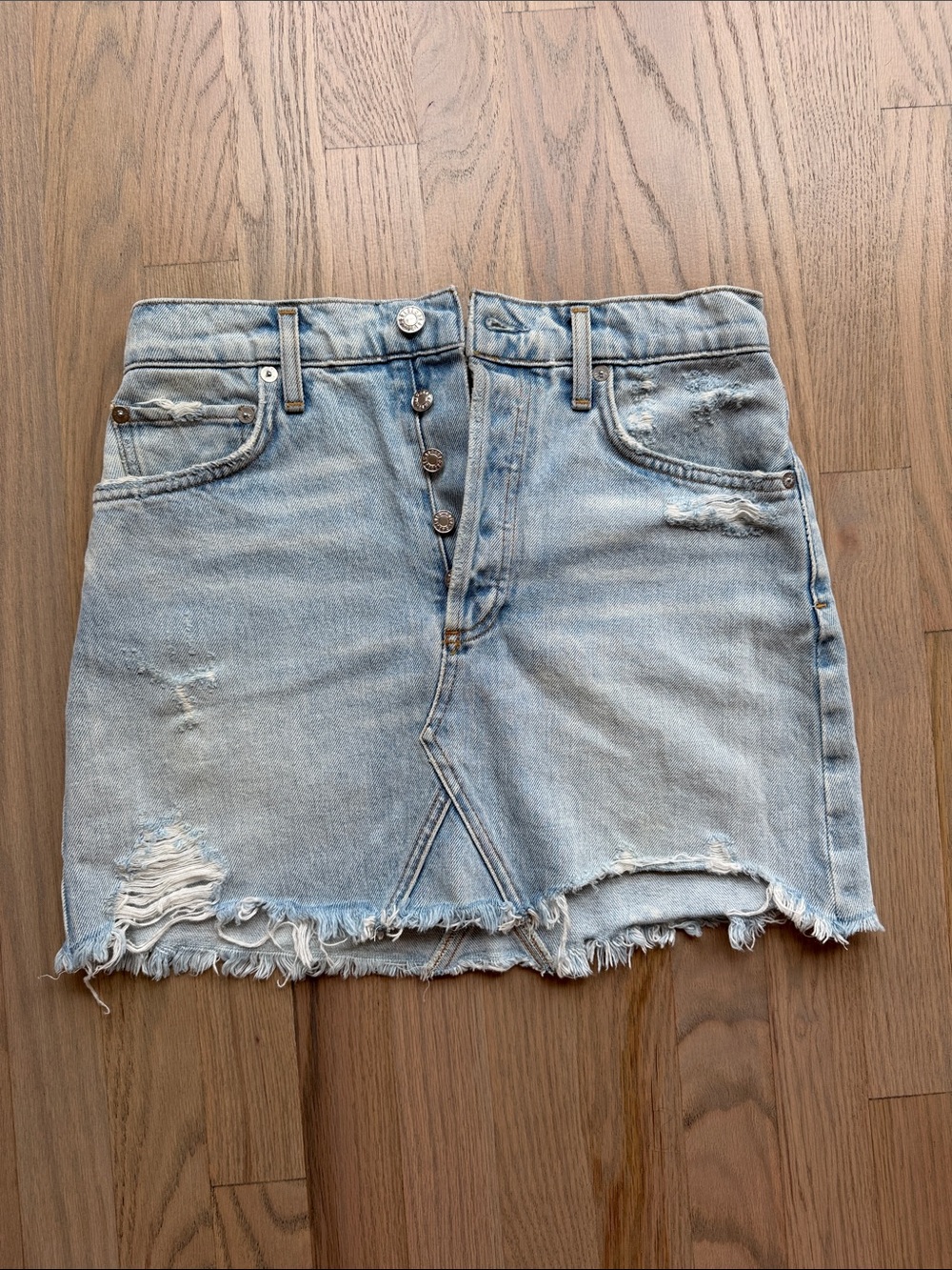 Agolde Light Blue Distressed Denim Mini Skirt